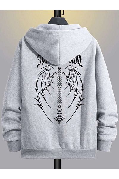 modaberry Wing Design Sweatshirt Zippered Cardigan - Gray Printed Oversize Winter Hoodie with Pockets