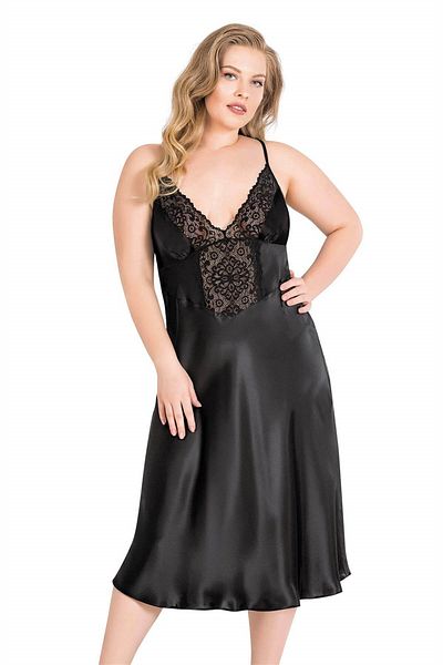 Motto10 butik Plus Size Black Long Satin Nightgown