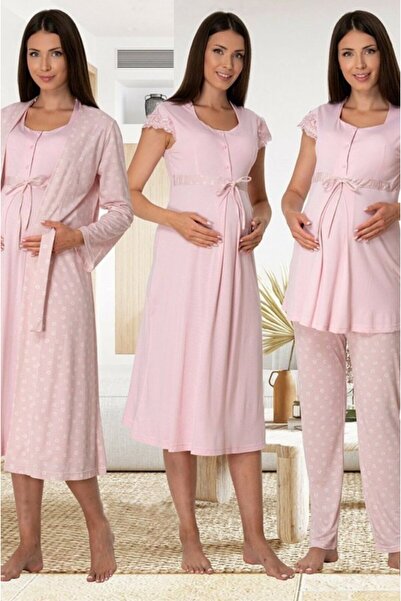by İGP طقم بيجامة للحوامل من الدانتيل القطني مع ثوب نوم مكون من 4 قطع