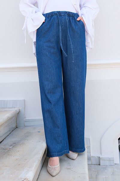LOCCO Pantaloni largi de damă cu talie elastică Albastru închis