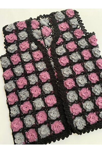 TrendYünEvi El Örgüsü Motifli Yelek (Simli) (S Beden) (En 46cm Boy 57cm)