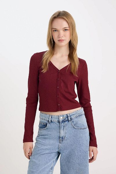DeFacto Fitted V-Neck Basic Plain Corded Camisole Cardigan D9619Ax24Wn