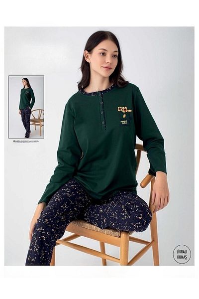 SENFONİ Symphony Women's Buttoned Collar Long Sleeve Cotton Lycra Pajama Set 6055 -1 Piece