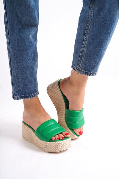 Afrodit Green Leather Wedge Heel Slippers