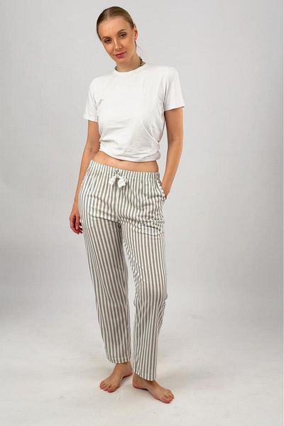 Betimoda Pantaloni de pijama pentru femei cu dungi gri din bumbac - cu buzunare și panglică elastică în talie