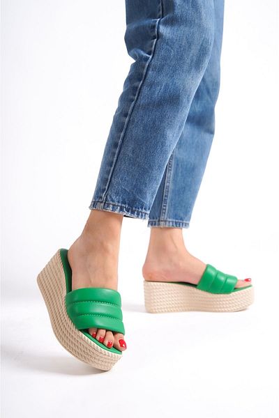 Afrodit Green Leather Wedge Heel Slippers