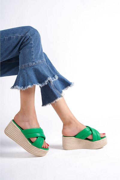 Afrodit Green Leather Wedge Heel Slippers