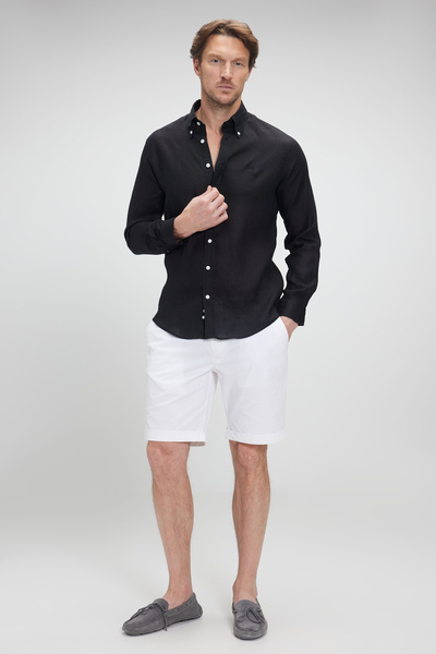 BROOKS BROTHERS Erkek Siyah %100 Keten Düğmeli Yaka Slim Fit Gömlek