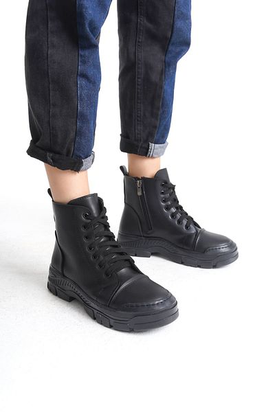 Joy Woman BIANCA Lace Up με φερμουάρ Ορθοπεδική σόλα Αδιάβροχη και Ψυχρή Δέρμα Γυναικεία Αθλητικά Μποτάκια ST Μαύρα