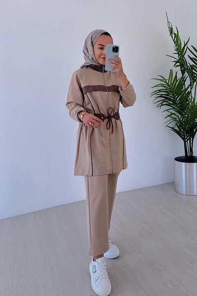 Ka Hijab Camel Striped Set - Elastic Waist, Two Thread