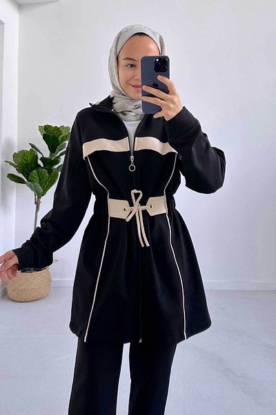 Ka Hijab Black Striped Two Thread Set - Elastic Waist