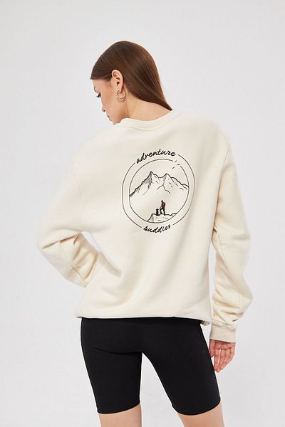 Moda Işık Φούτερ Unisex σε κρεμ χρώμα - Crew λαιμόκοψη, εμπριμέ κουκούλα, 100% βαμβάκι