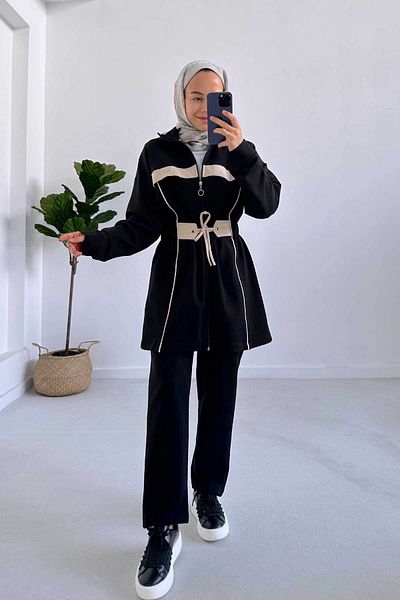 Ka Hijab Black Striped Two Thread Set - Elastic Waist