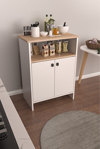 Macco Mobilya Berry Sonomo Beyaz 3 Raflı Kapaklı Çok Amaçlı Mutfak Dolabı Kahve Köşesi