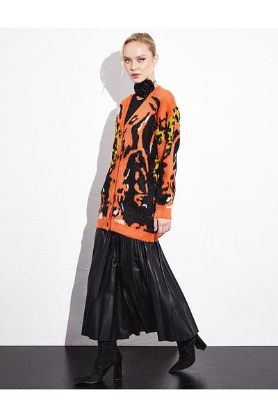 Kayra Orange Plush Cardigan - Exclusive Animal Print