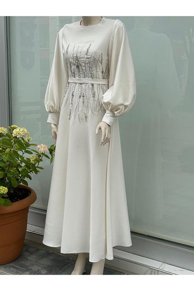 Kayra Satin Stone Embroidered Evening Dress