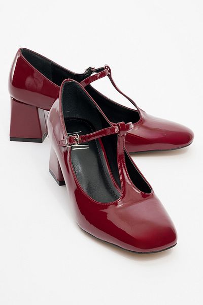LuviShoes Jelsi Claret Red Patent Leather Women's Thick Heeled Shoes