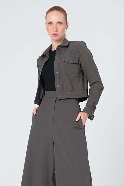 Monolou Stretch Fabric Front Pocket Snap Button Short Jogger Jacket Anthracite