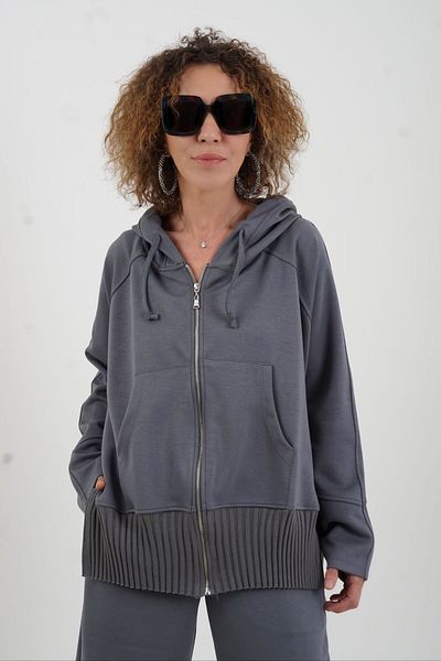 Zelish My Sister Gray Zippered Modal Sweatshirt Wide Leg Trousers Set