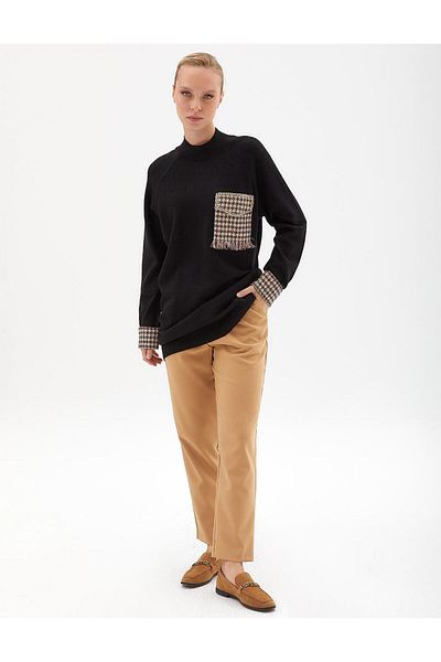 Kayra Half Turtleneck Houndstooth Garnished Knitwear Tunic Black