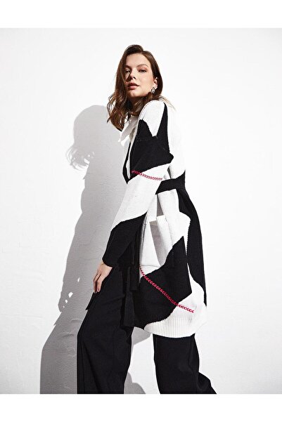 Kayra Exclusive Kuşaklı Garnili Triko Hırka Siyah Optik Beyaz