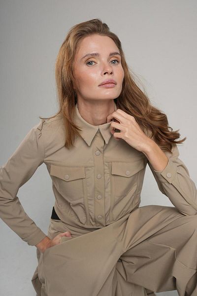 Monolou Stretch Fabric Front Pocket Snap Button Short Jogger Jacket Beige