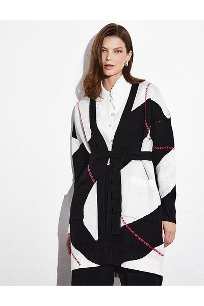 Kayra Exclusive Belted Garnished Knitwear Cardigan Black Optical White