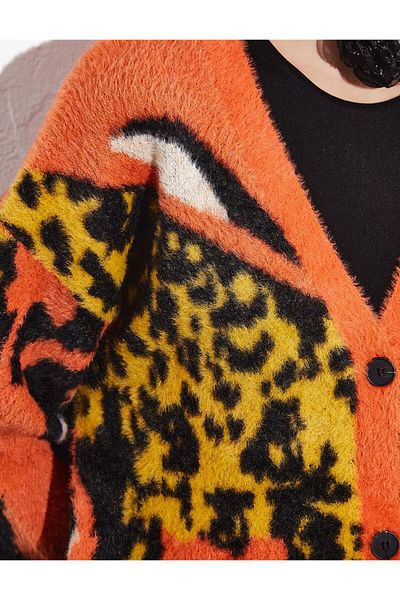 Kayra Orange Plush Cardigan - Exclusive Animal Print