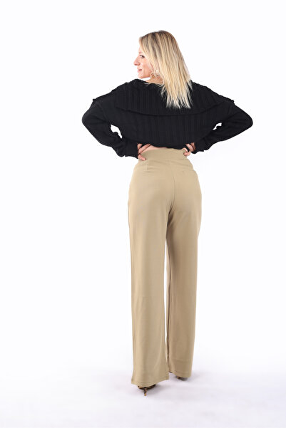 NEVEGE BUTİK Women's Knitted Fabric Full Lycra Velcro Waist Palazzo-Green