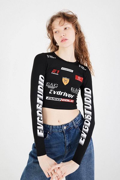 Addax Printed Crop Blouse - Crew Neck B13448-r13