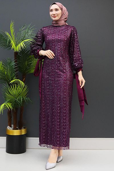 GİZ AGİYİM Purple Pearl Hijab Evening Dress
