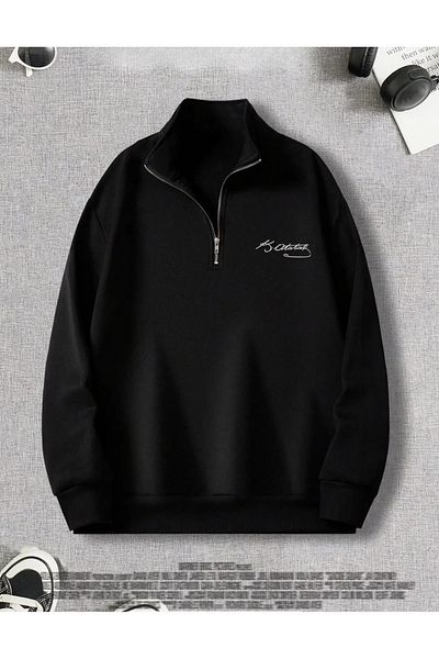AEMİ Hanorac oversize negru unisex cu imprimeu Ataturk Signature - cu jumătate de fermoar
