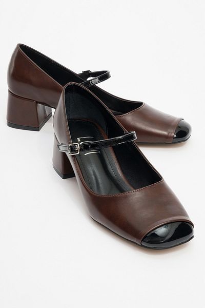 LuviShoes Apena Brown Skin-Black Patent Leather Women's Short Heeled Shoes