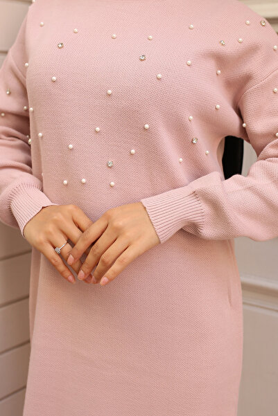 benguen 6079 Pearl Detailed Knitwear Dress Powder