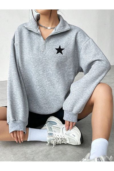 AEMİ Star Printed Grey Unisex Oversize Φούτερ - Φούτερ με μισό φερμουάρ