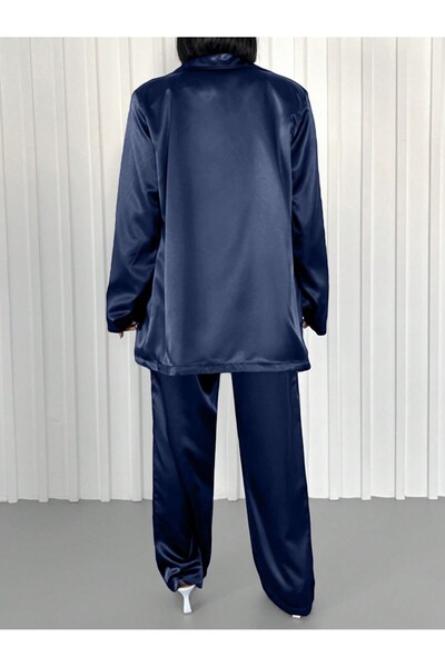 Moda ZR Women's Satin Navy Blue 2-Piece Set Large Size