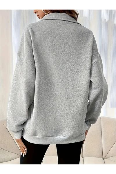 AEMİ Star Printed Grey Unisex Oversize Φούτερ - Φούτερ με μισό φερμουάρ