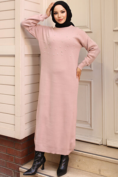 benguen 6079 Pearl Detailed Knitwear Dress Powder