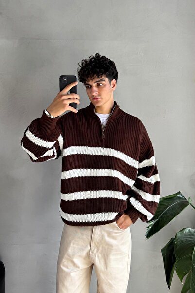 Flaw Wear Pulover cu jumătate de fermoar, maro, cu dungi