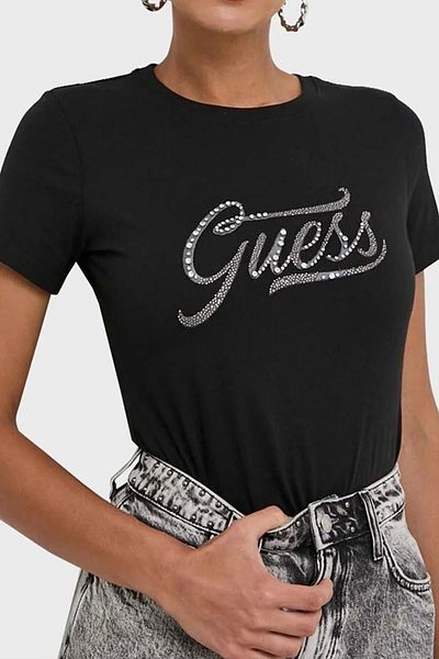 Guess Ss Cn Stone & Embro Cotton Regular Fit T Shirt W4RI52I3Z14JBLK T SHIRT W4RI52I3Z14 JBLK