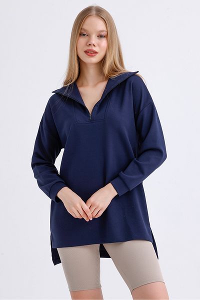 MD trend Women's Zippered Collar Slit Detail Long Back Oversize Modal Sweatshirt