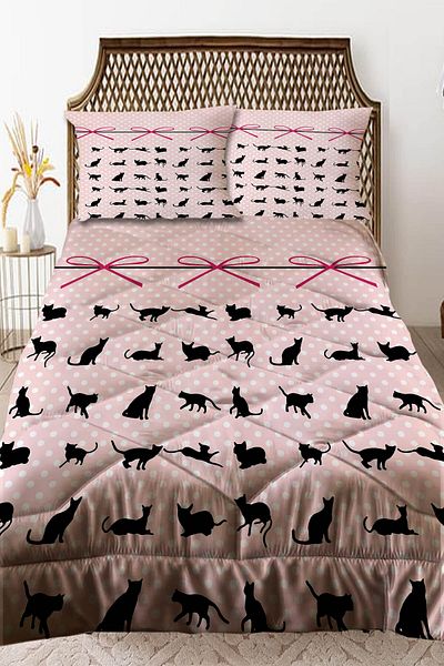 3D ELSE HALI Pink Black Cats Patterned Double Quilted Quilt Pillowcase