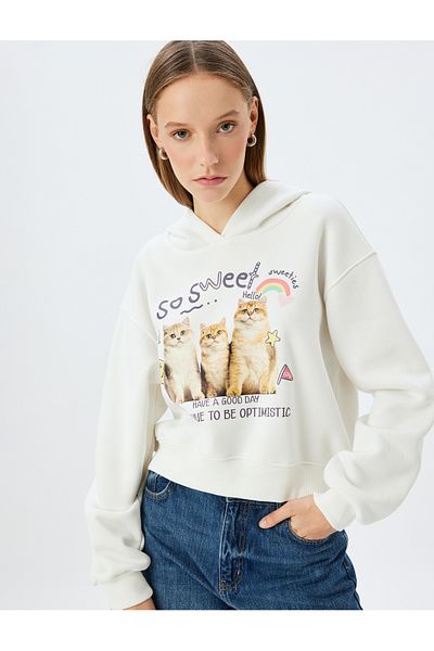 Koton Hooded Cat Printed Raster Comfortable Fit Crop Sweatshirt