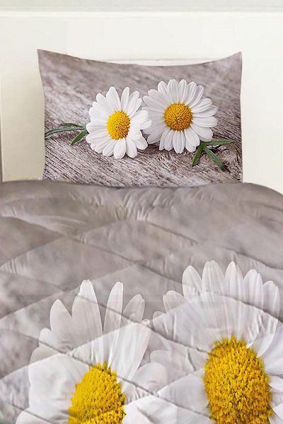 3D ELSE HALI Yellow Gray Daisies Patterned Double Quilted Quilt with Pillowcase