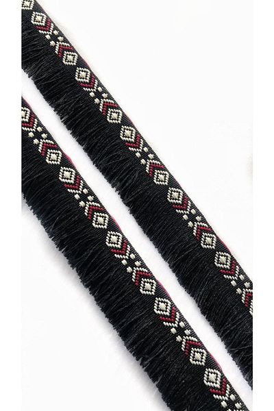 Ozpas 3 Cm Wide Black Ethnic Strip with Tassels - 3 Meters