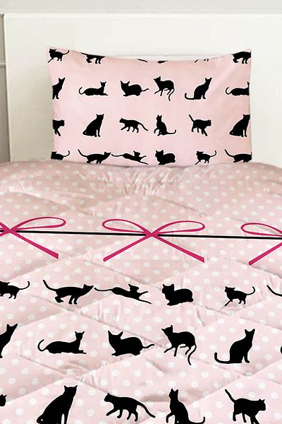 3D ELSE HALI Pink Black Cats Patterned Double Quilted Quilt Pillowcase