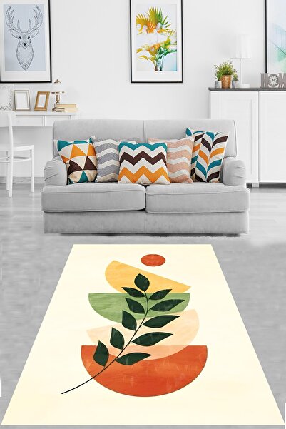 on the clouds Bohem İskandinav Tarz Yapraklı Geometrik Yıkanabilir Kaymaz Tab...