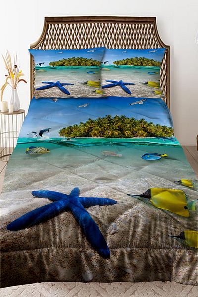 3D ELSE HALI Tropical Island Sea Patterned Double Quilted Quilt Pillow with Cover
