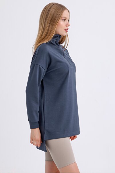 MD trend Women's Zippered Collar Slit Detail Long Back Oversize Modal Sweatshirt