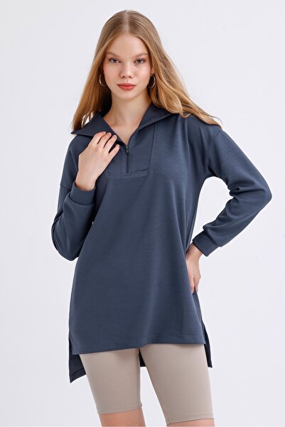 MD trend Women's Zippered Collar Slit Detail Long Back Oversize Modal Sweatshirt